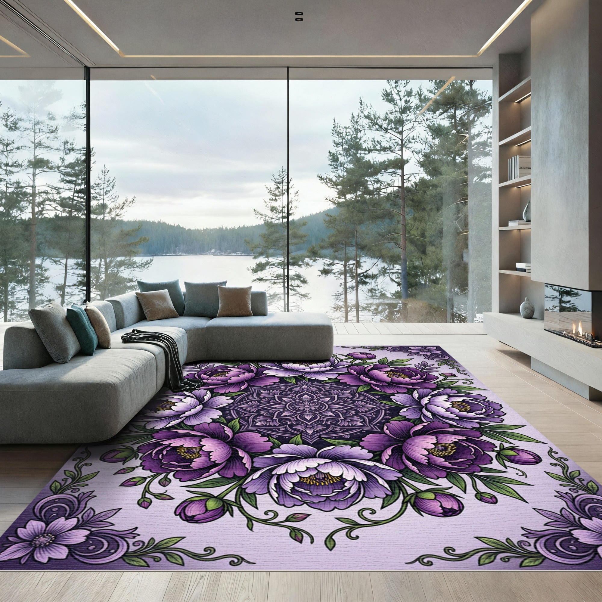 Purple Peonies Botanical Mandala Circle Rug