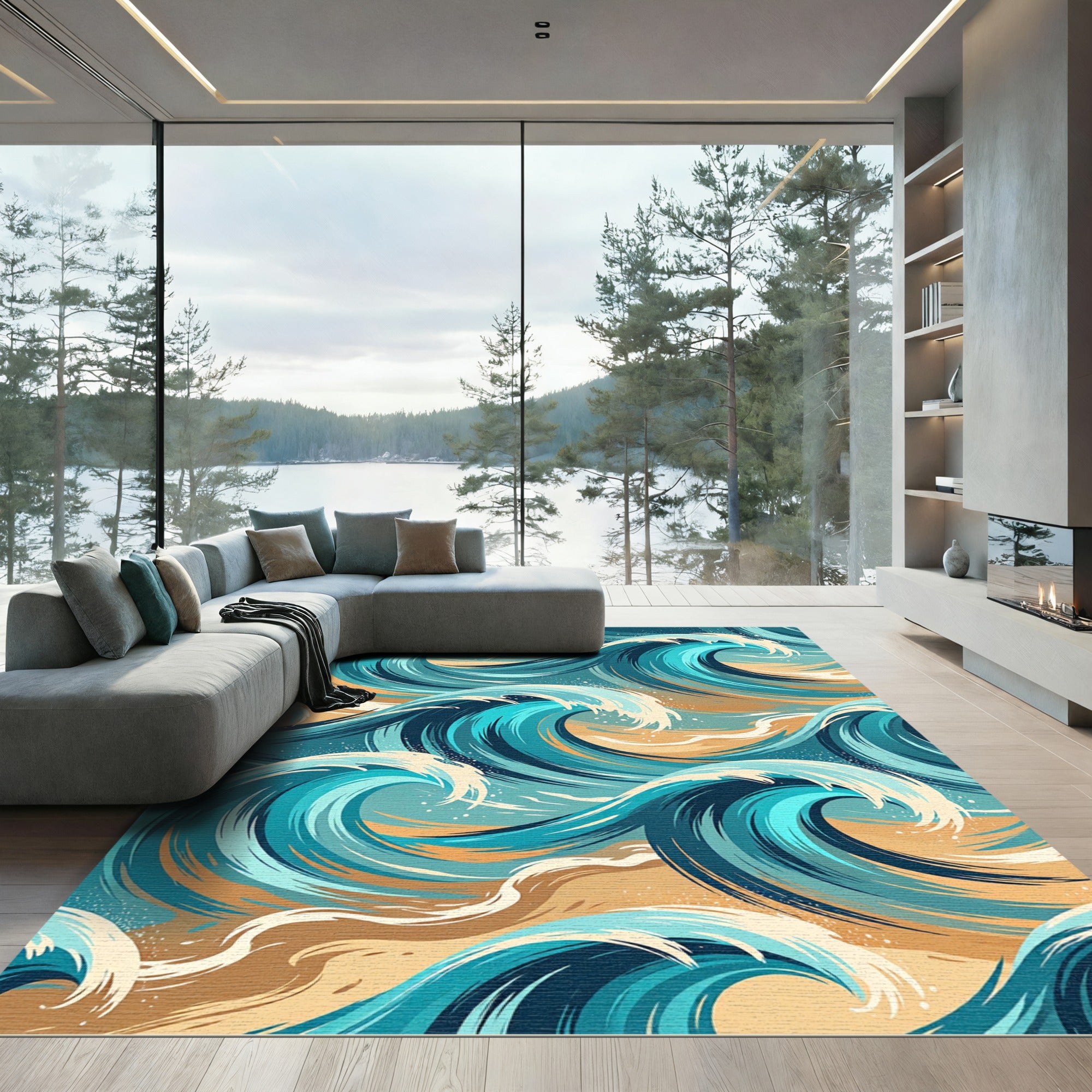 Dynamic Blue Ocean Wave Art Rug