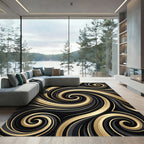 Elegant Black and Gold Swirling Abstract Rug