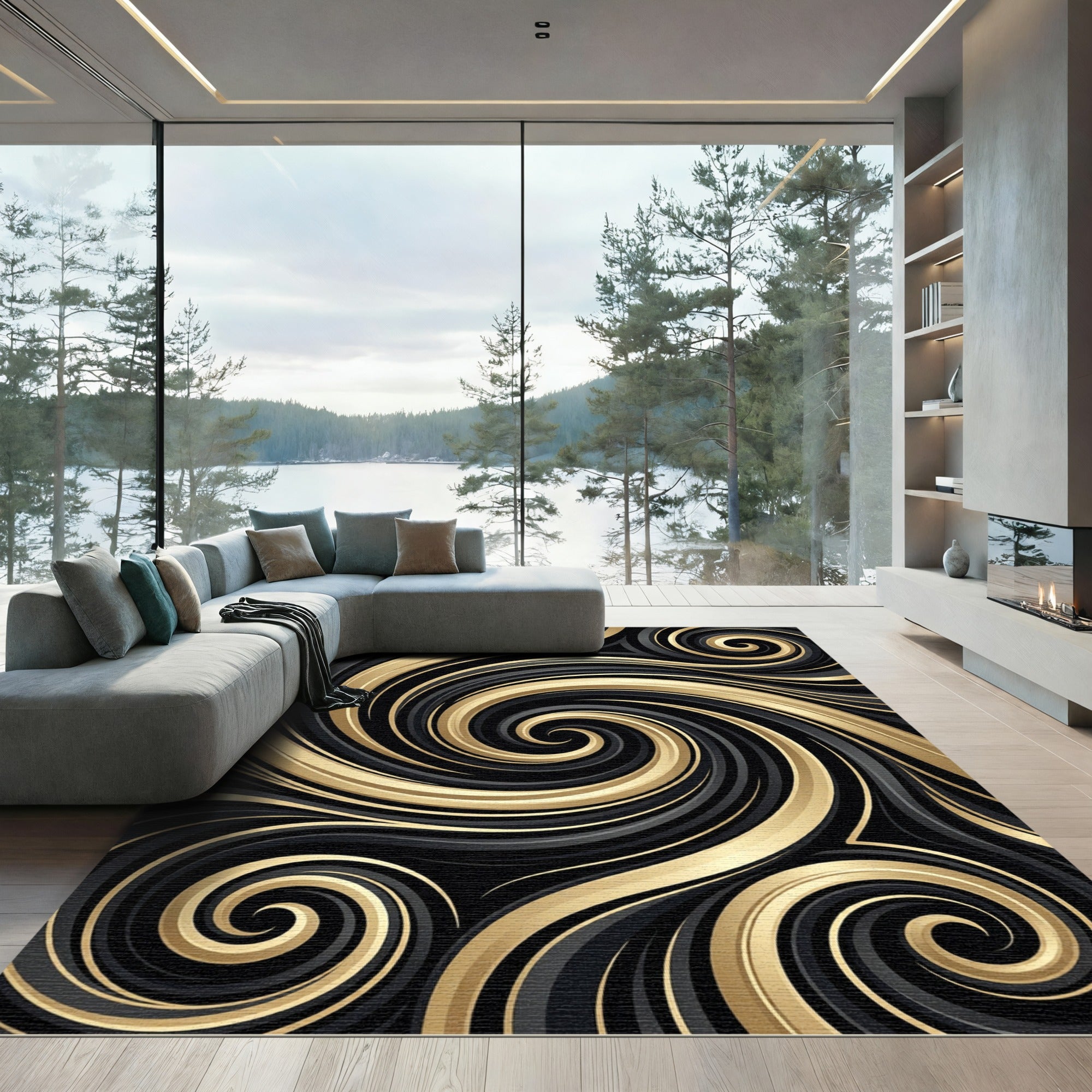 Elegant Black and Gold Swirling Abstract Rug