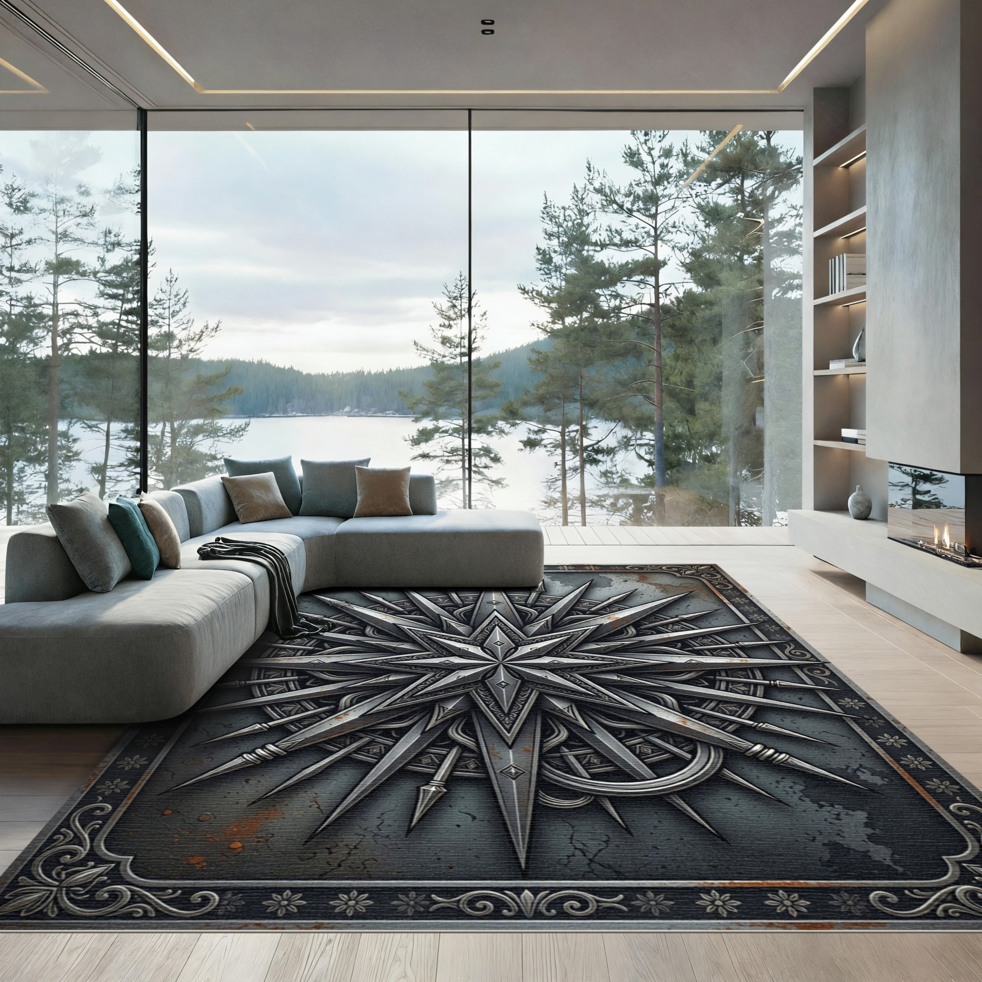 Metallic Silver Celestial Compass Star Rug