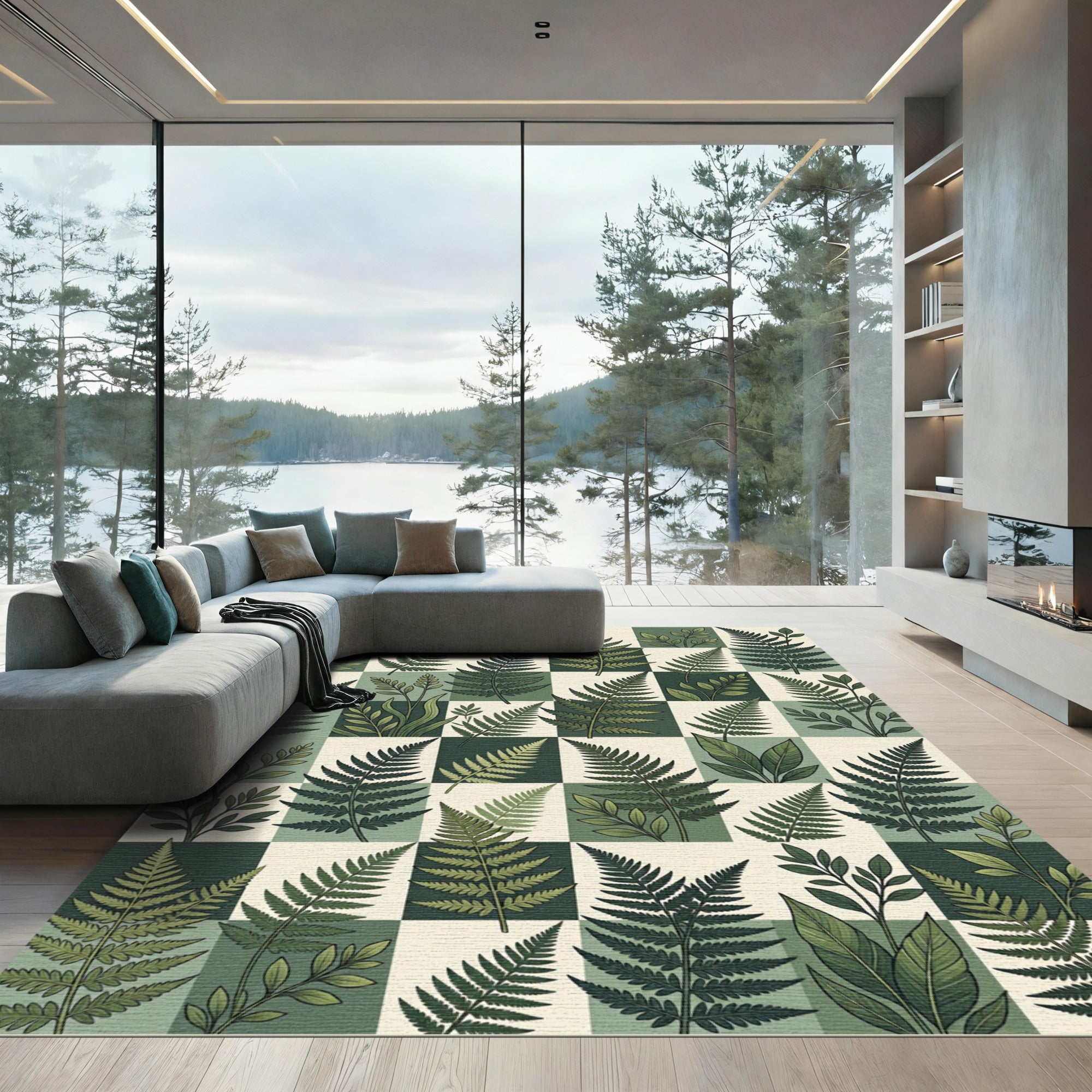 Lush Green Botanical Fern Checkerboard Rug