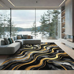 Abstract Black and Gold Liquid Swirl Rug