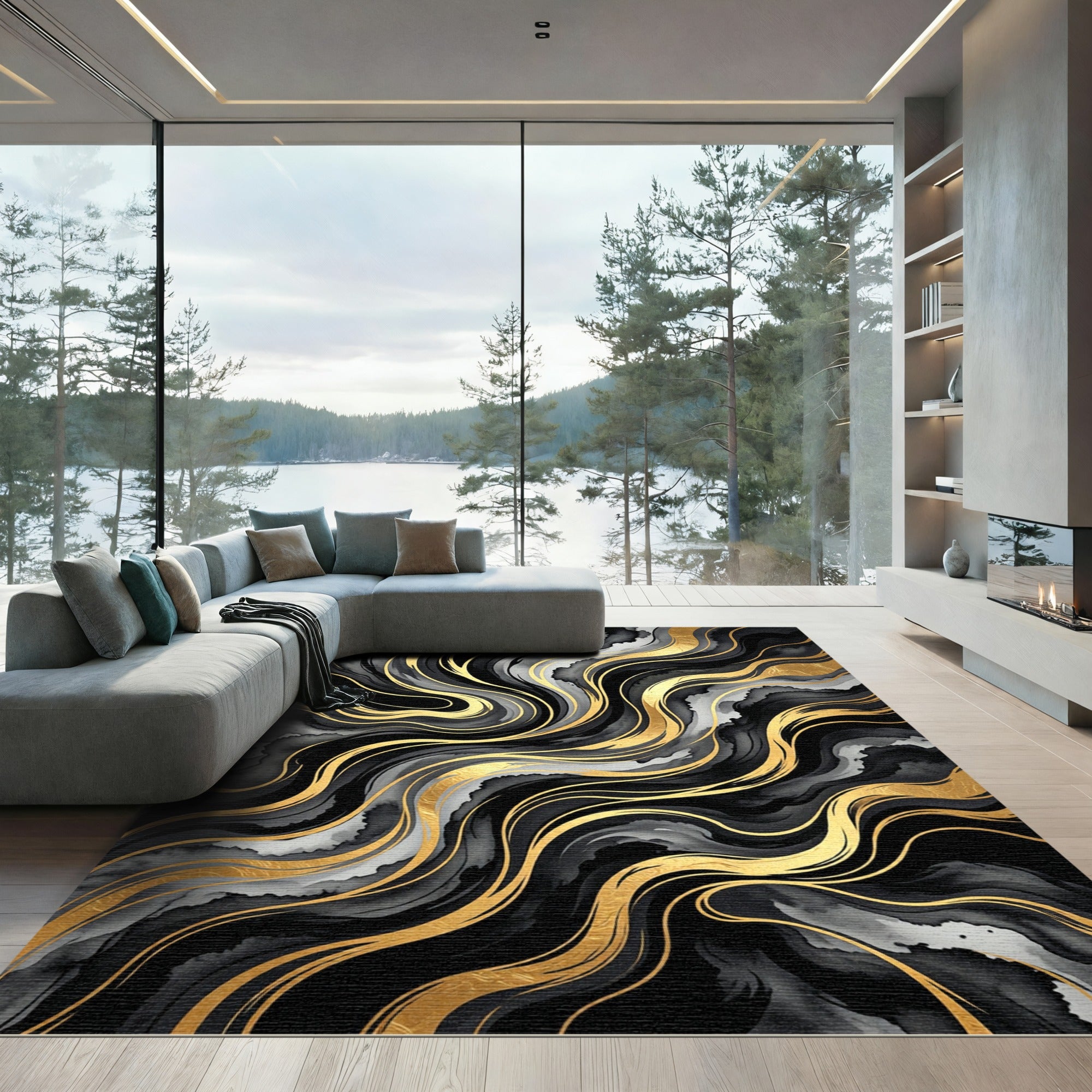 Abstract Black and Gold Liquid Swirl Rug