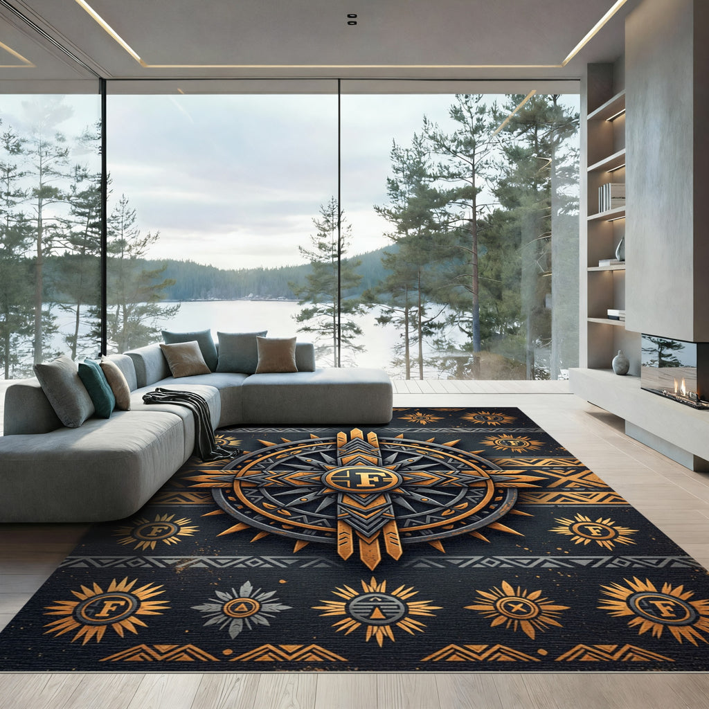 Golden Celestial Compass Geometric Art Rug