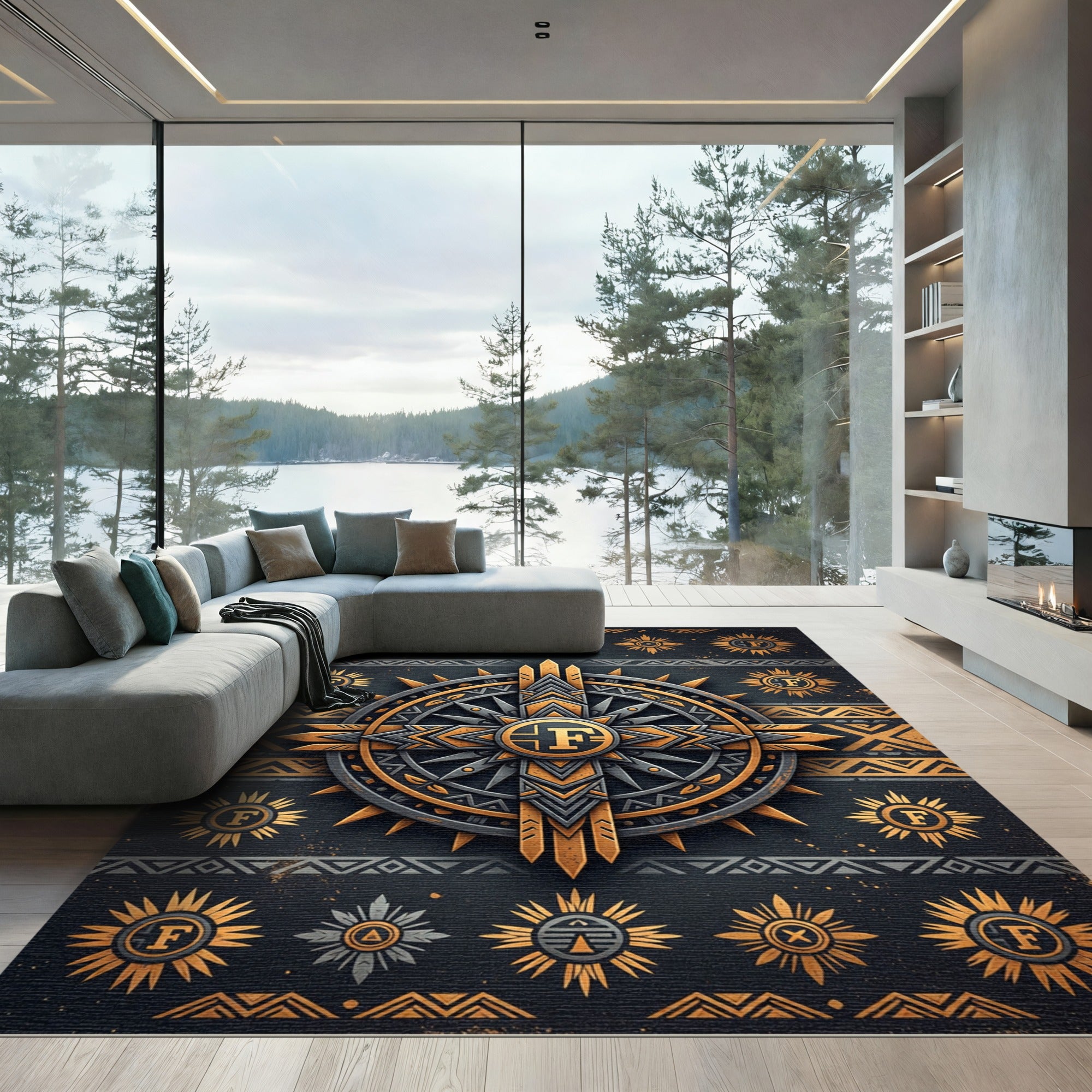 Golden Celestial Compass Geometric Art Rug