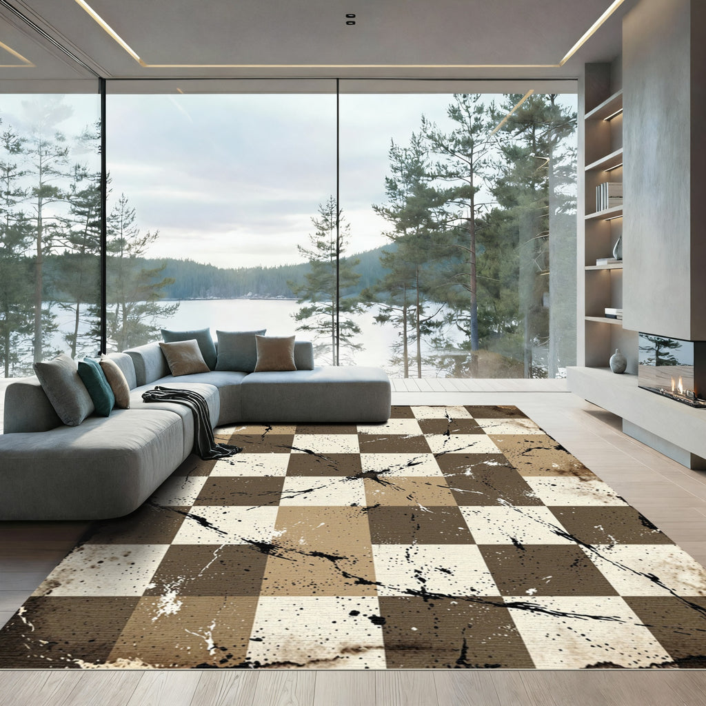 Distressed Earthy Checkered Grid Rug
