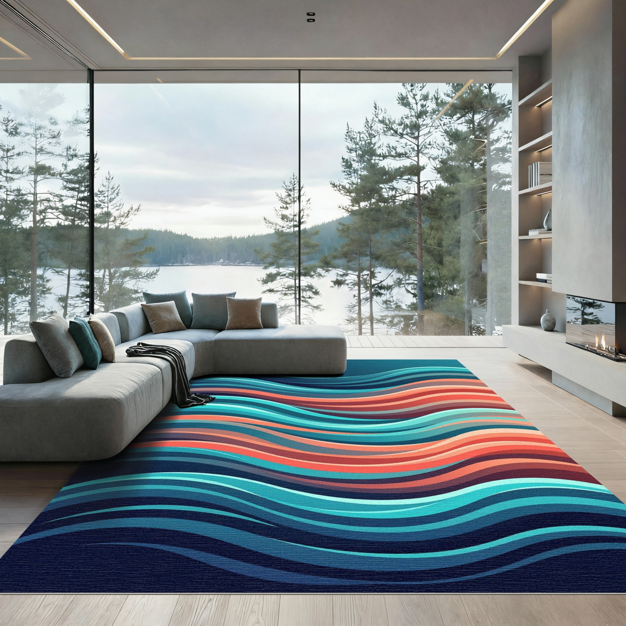 Modern Teal and Coral Flowing Wave Rug