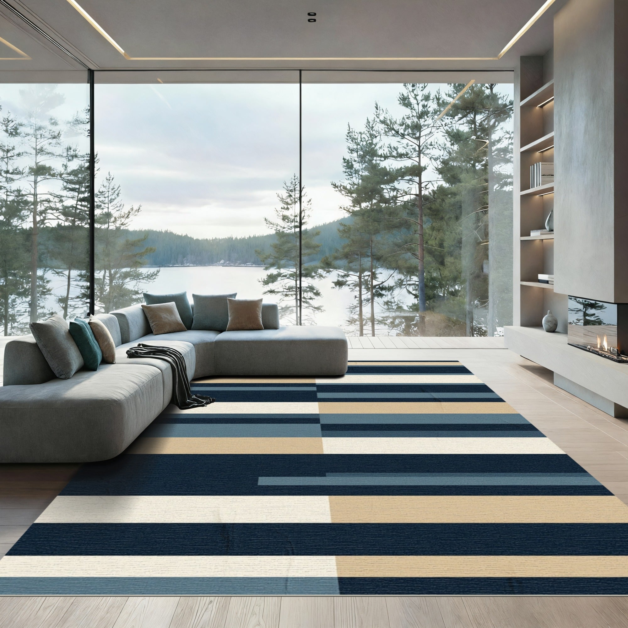 Navy Beige Striped Geometric Accent Rug