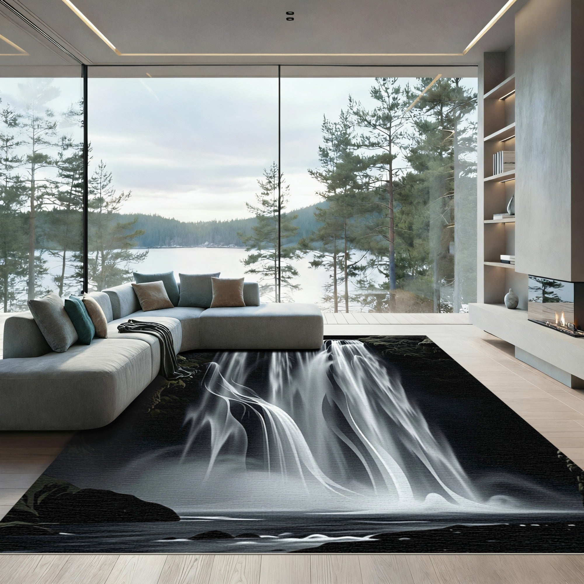 Dramatic Monochrome Waterfall Scene Rug