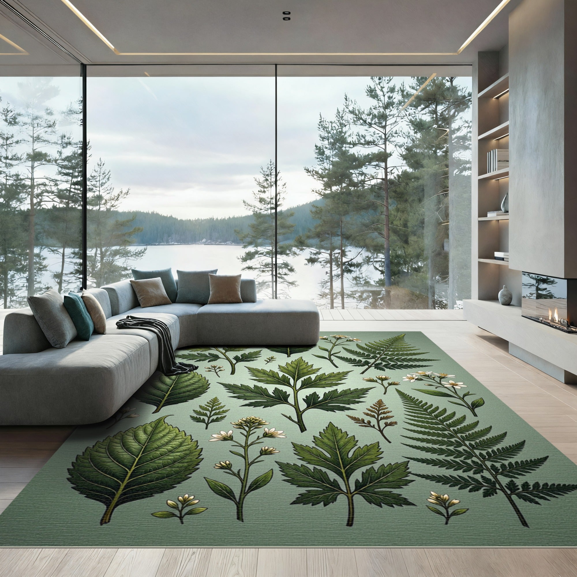 Botanical Sage Pressed Fern Leaf Illustration Rug