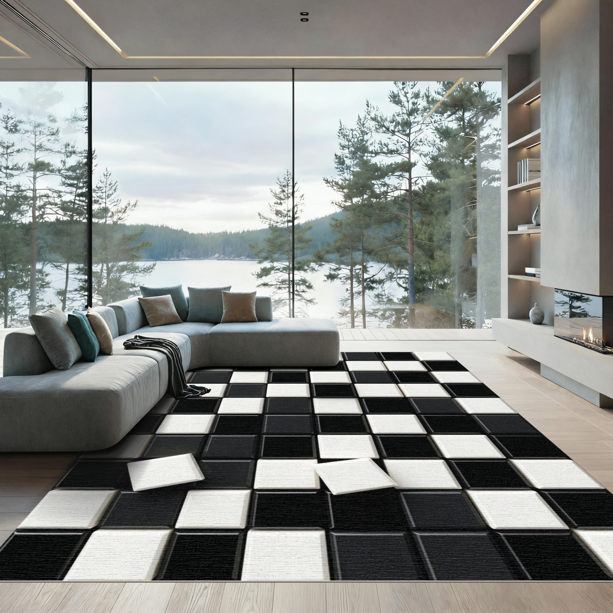Modern Monochrome Geometric Checkerboard Square Rug