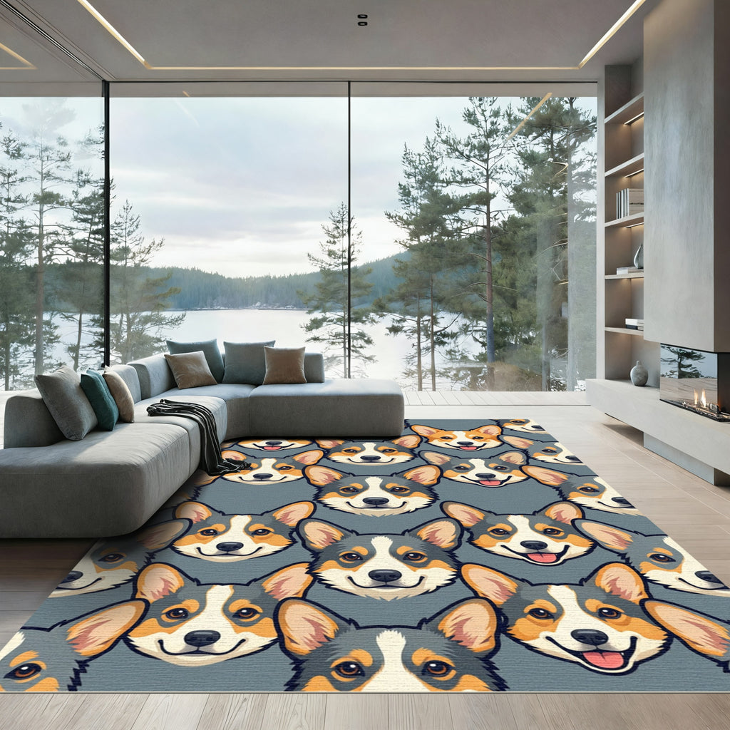 Cute Corgi Head Gray Tile Repeat Rug