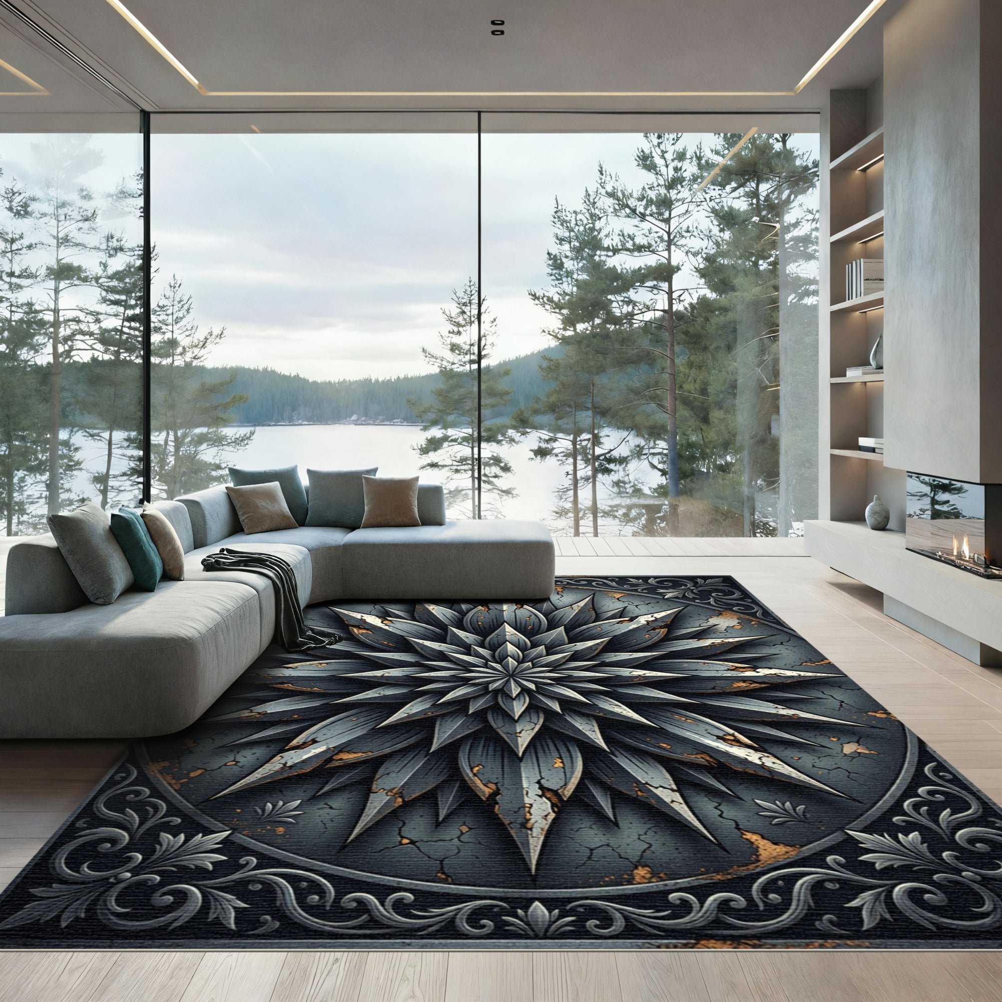 Distressed Gray Metallic Starburst Medallion Rug