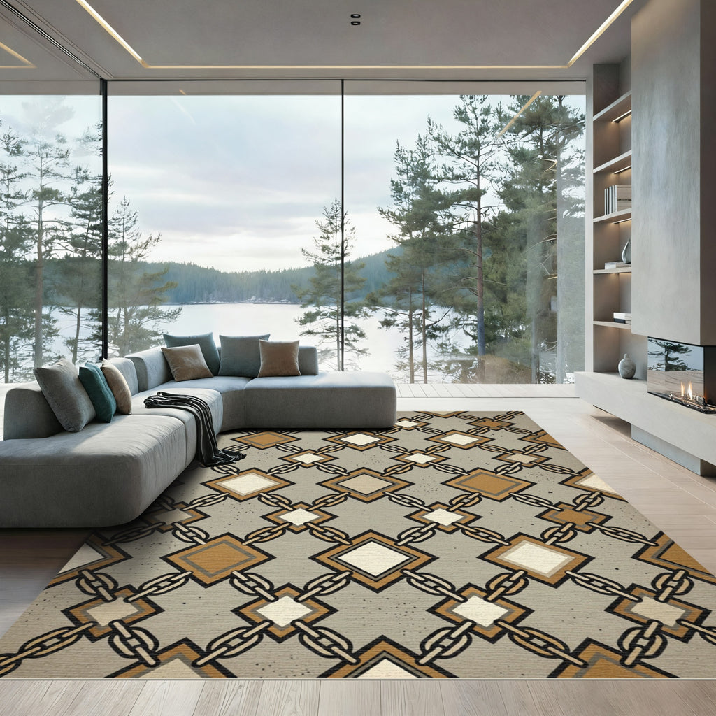 Mid-Century Gold Chain Geometric Diamond Rug