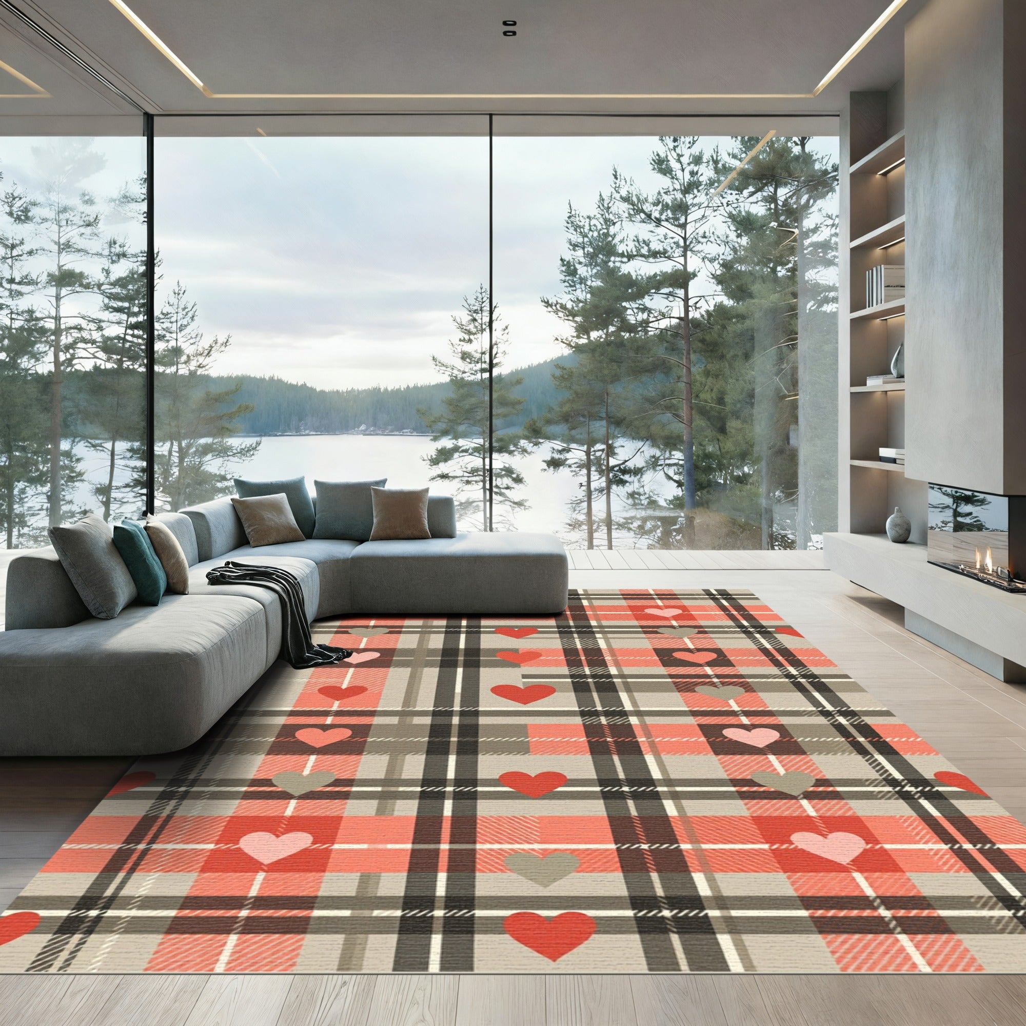 Sage and Crimson Plaid Heart Grid Rug