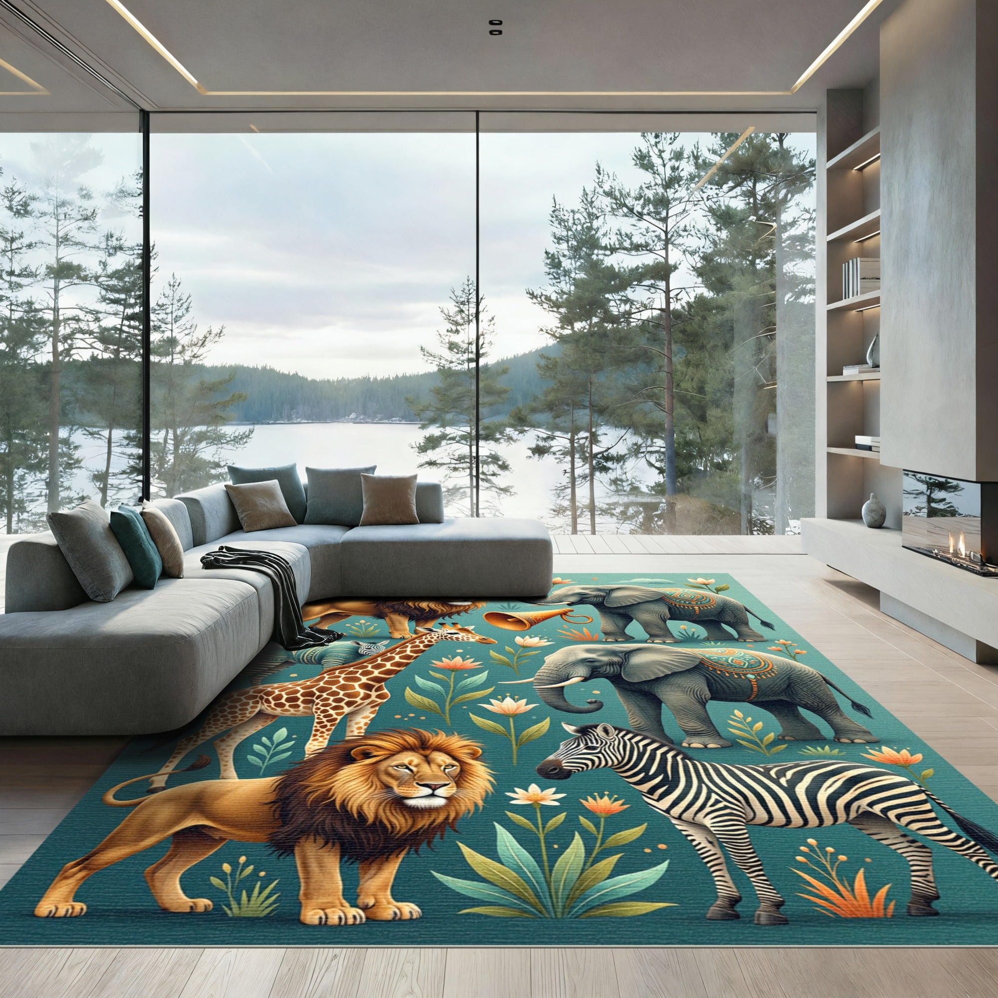 Whimsical Safari Animal Floral Teal Rug