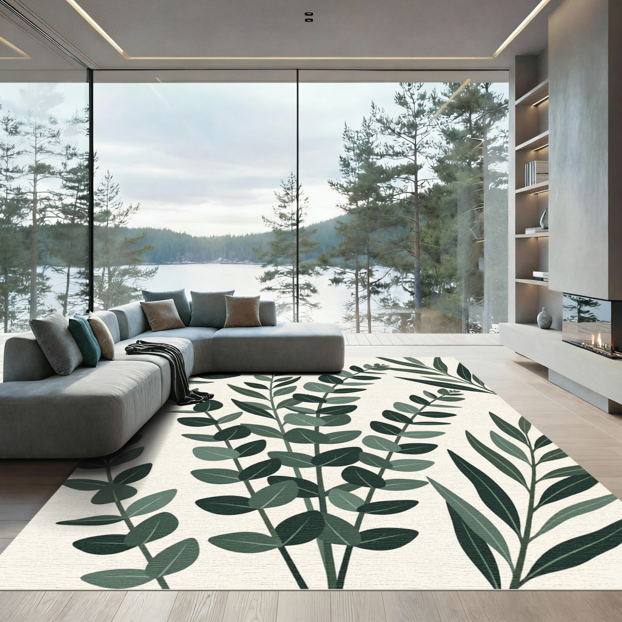 Deep Green Eucalyptus Branch Collage Rug