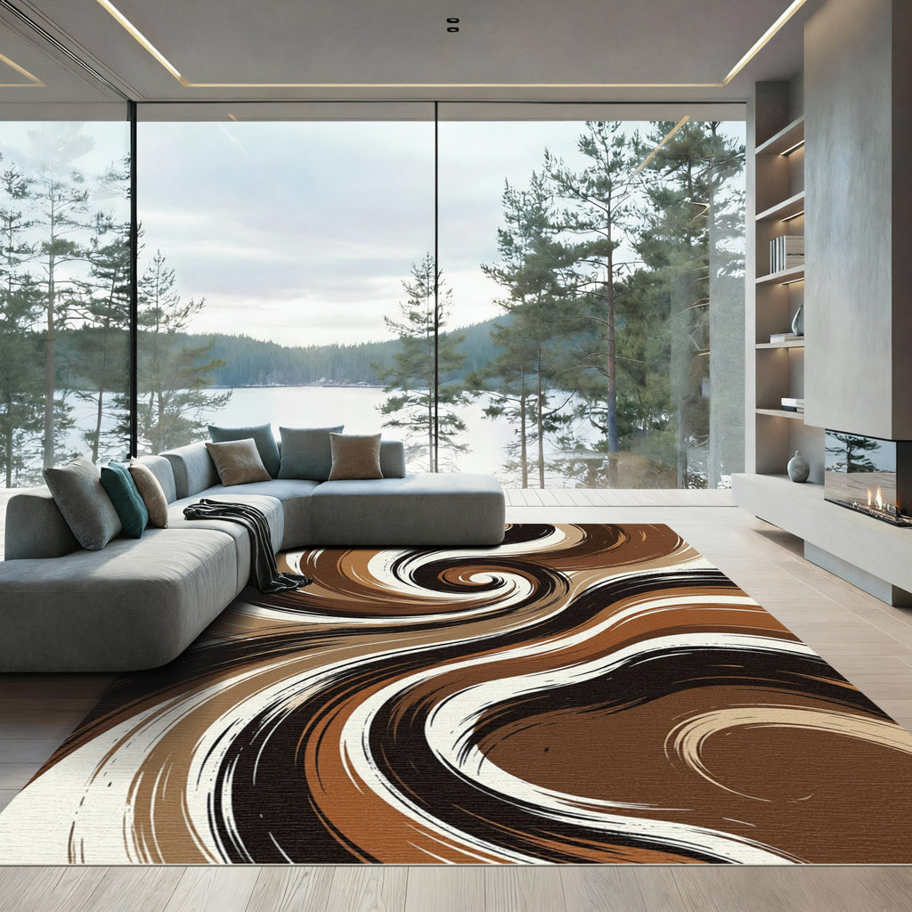 Brown Cream Swirl Abstract Brushstroke Rug