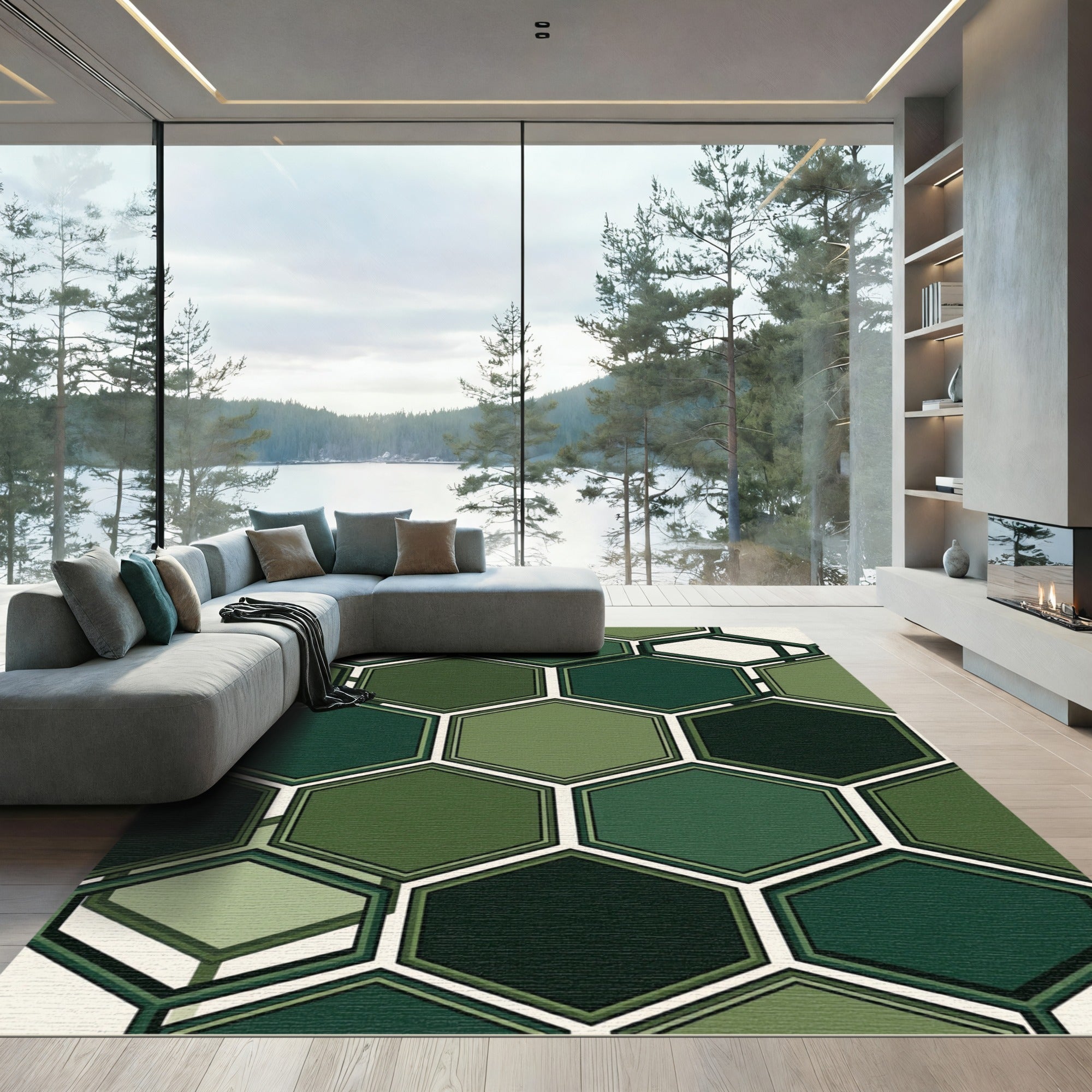 Modern Emerald Geometric Hexagon Rug