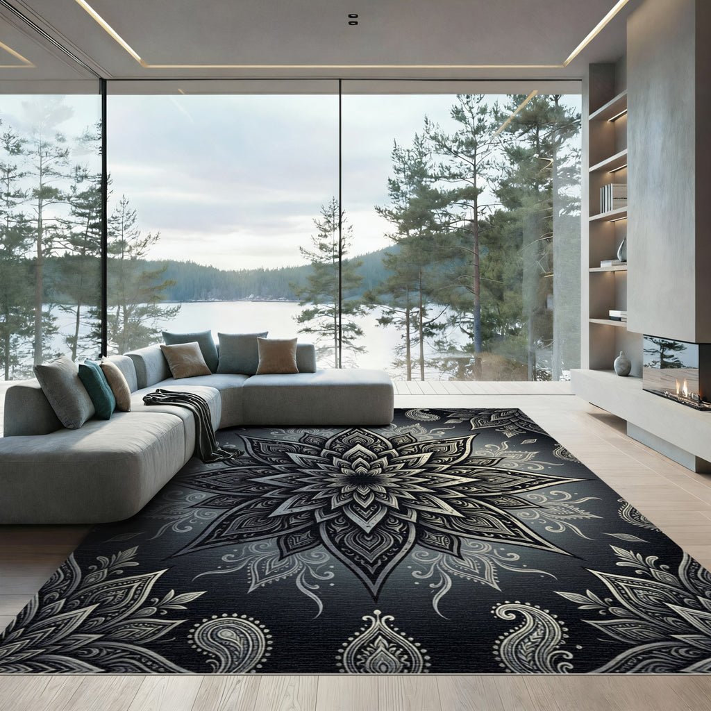 Monochromatic Floral Paisley Mandala Rug