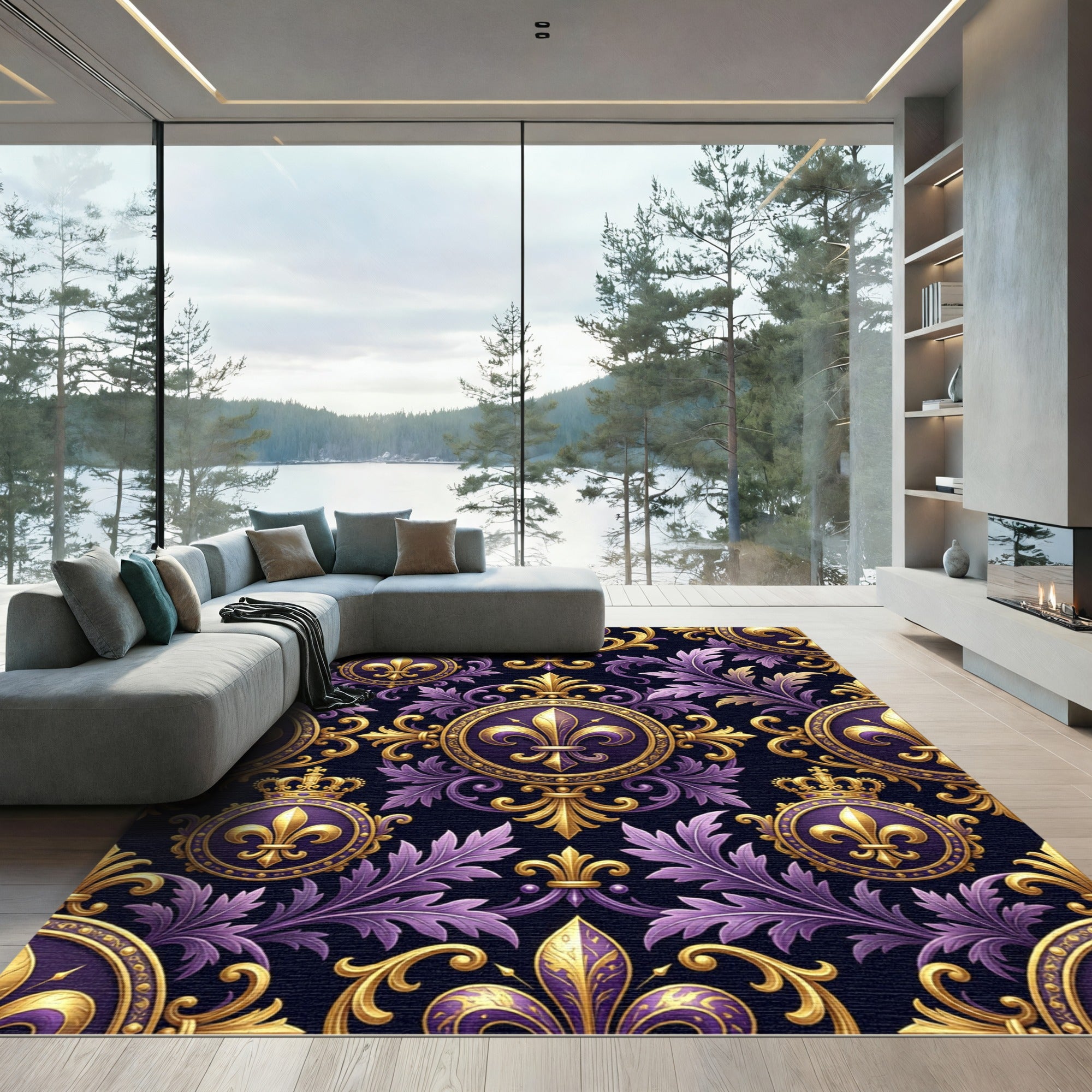 Royal Purple Golden Fleur-de-lis Damask Rug