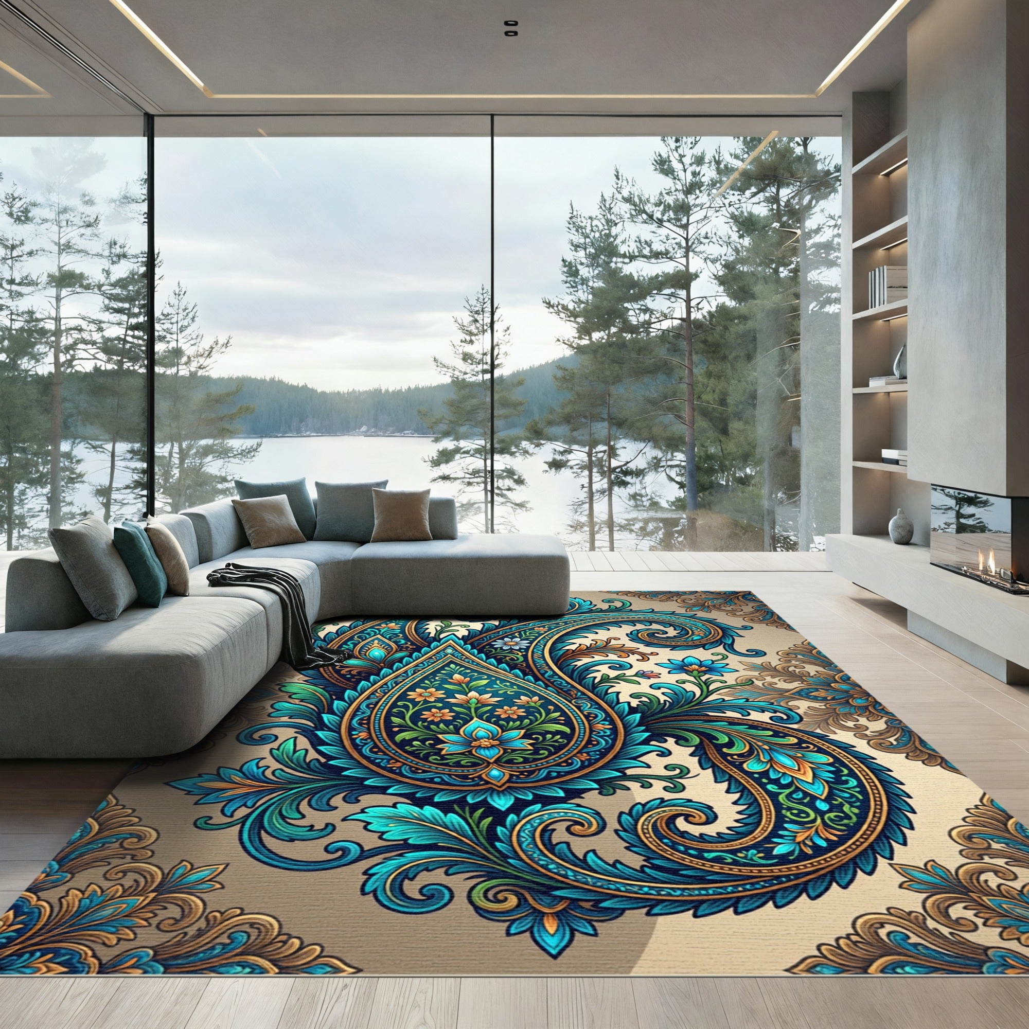 Teal Gold Floral Paisley Swirl Rug