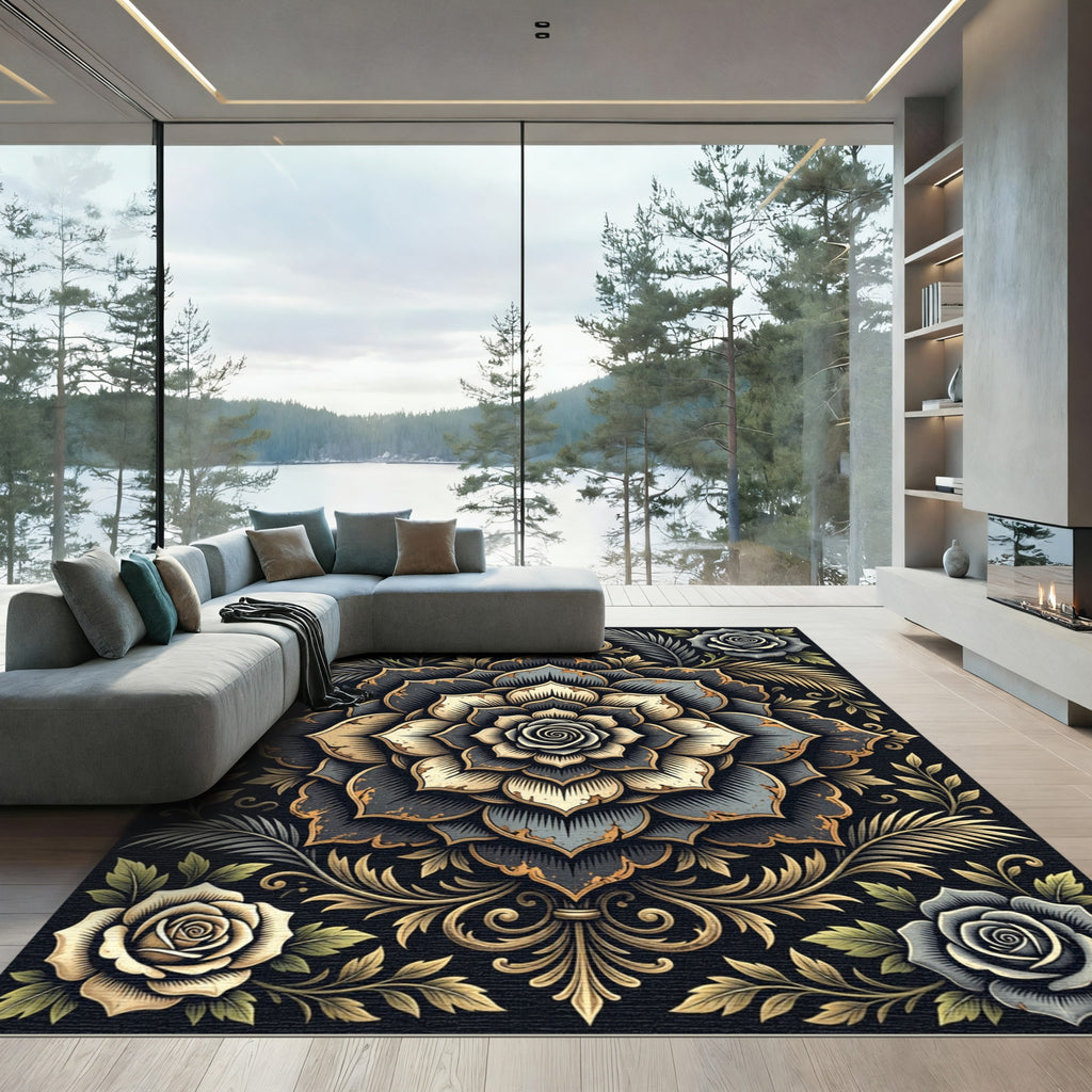 Elegant Gold and Charcoal Floral Medallion Rug