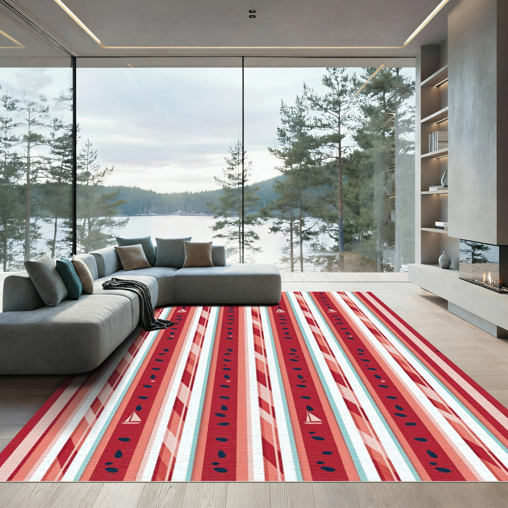 Whimsical Crimson Nautical Striped Sailboat Rug