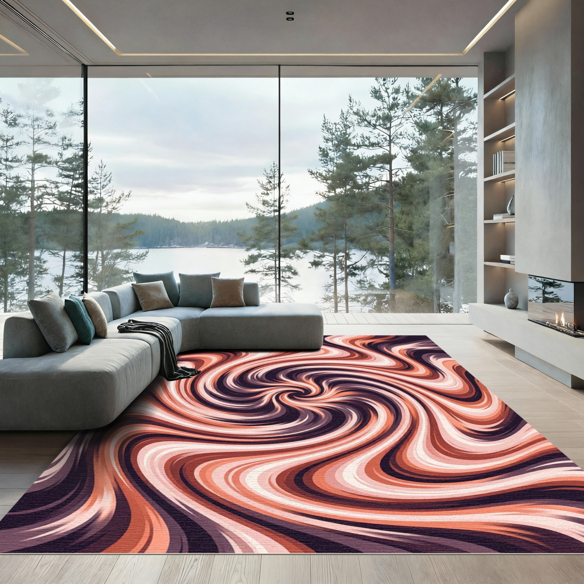 Coral And Plum Swirl Abstract Rug