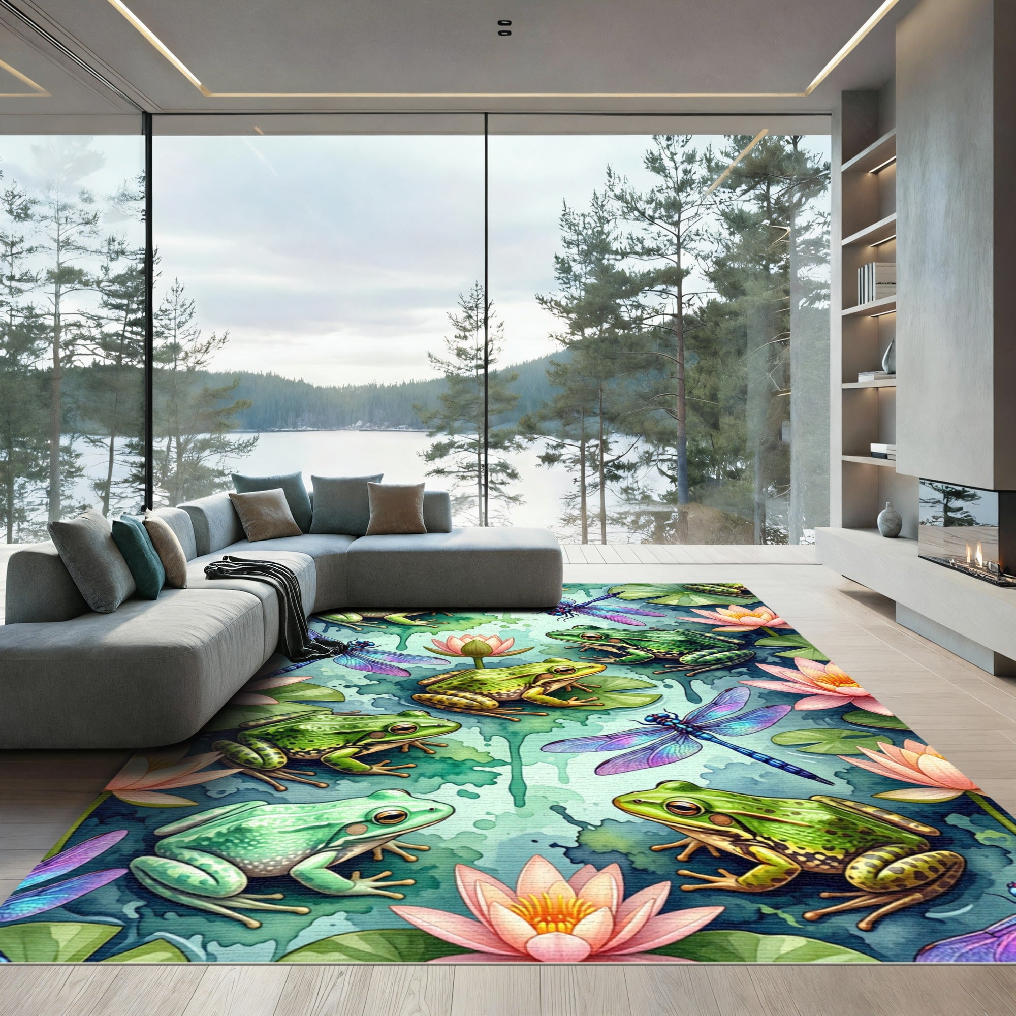 Whimsical Pond Frogs and Dragonflies Rug