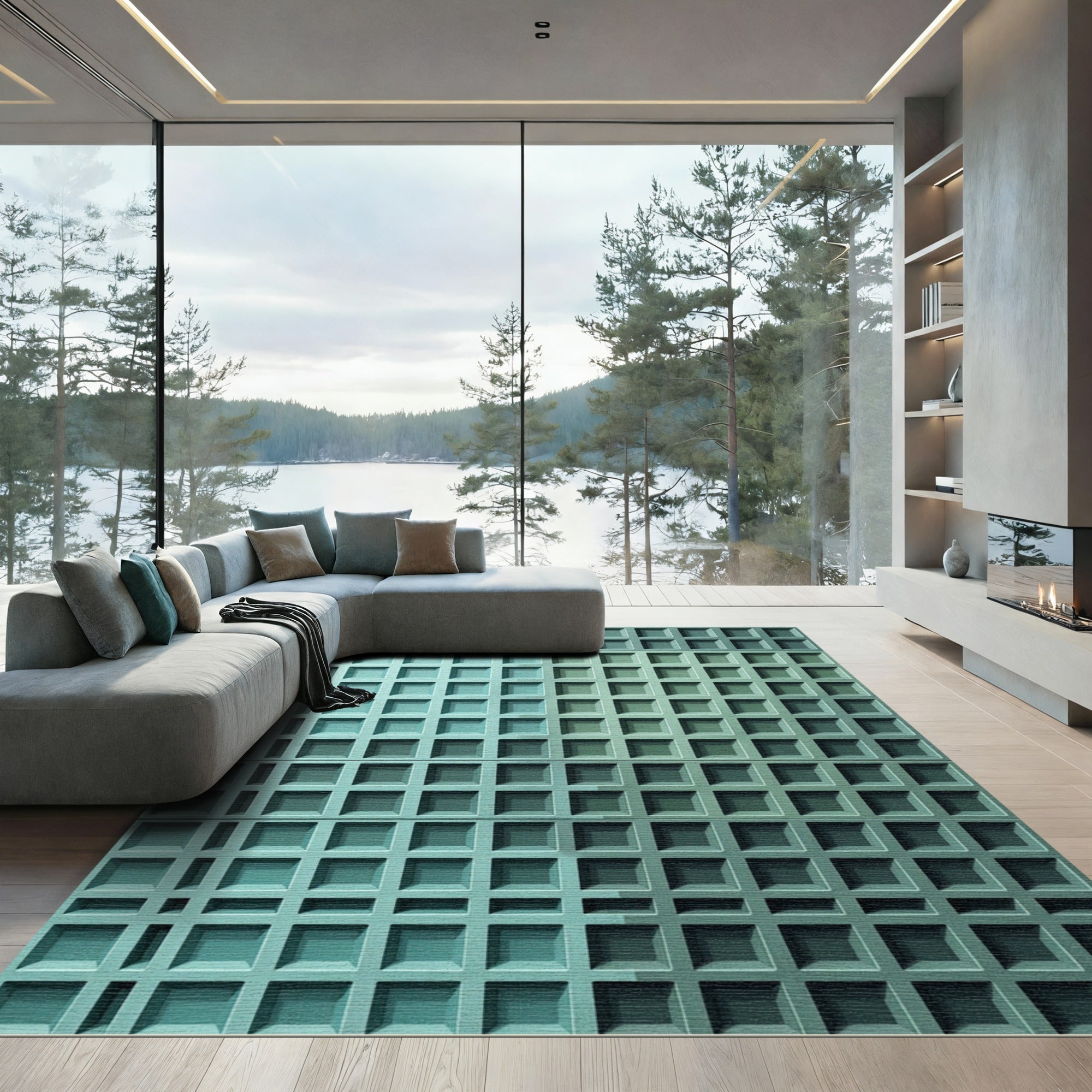 Modern Teal Grid Geometric Textured Rug