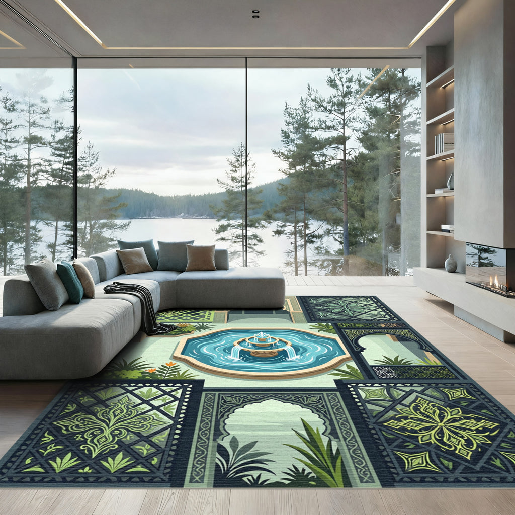 Green Geometric Courtyard Fountain Medallion Rug