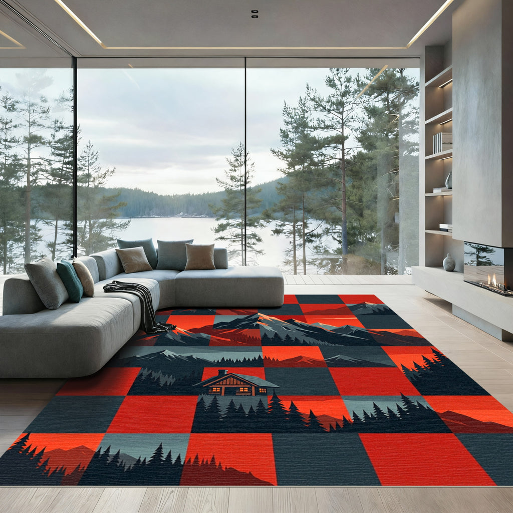 Rustic Red Black Mountain Cabin Landscape Rug