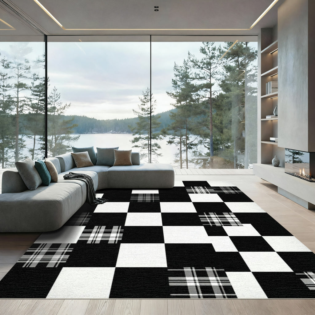 Black and White Plaid Checkerboard Aesthetic Rug