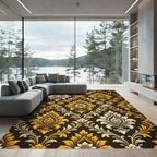 Ornate Golden Damask Floral Dark Luxury Rug