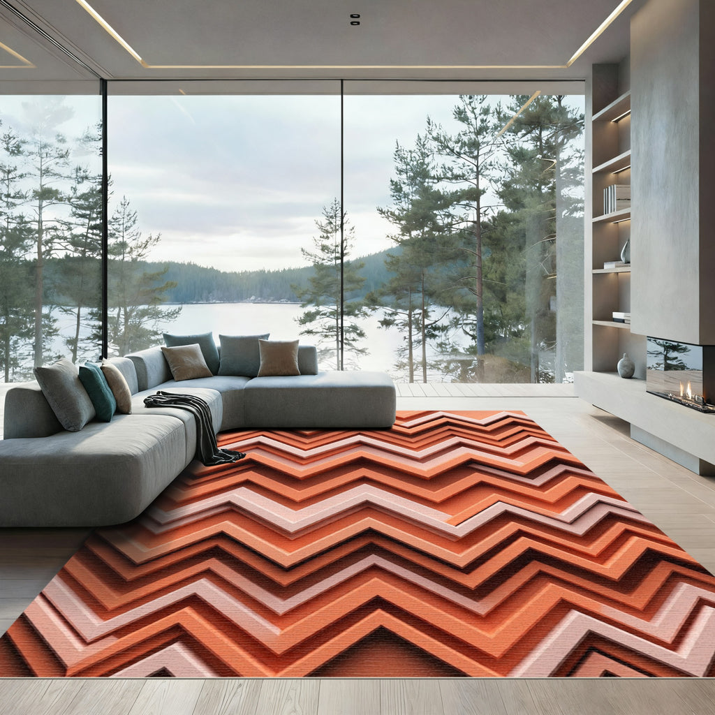 Terracotta Coral Zigzag Chevron Rug