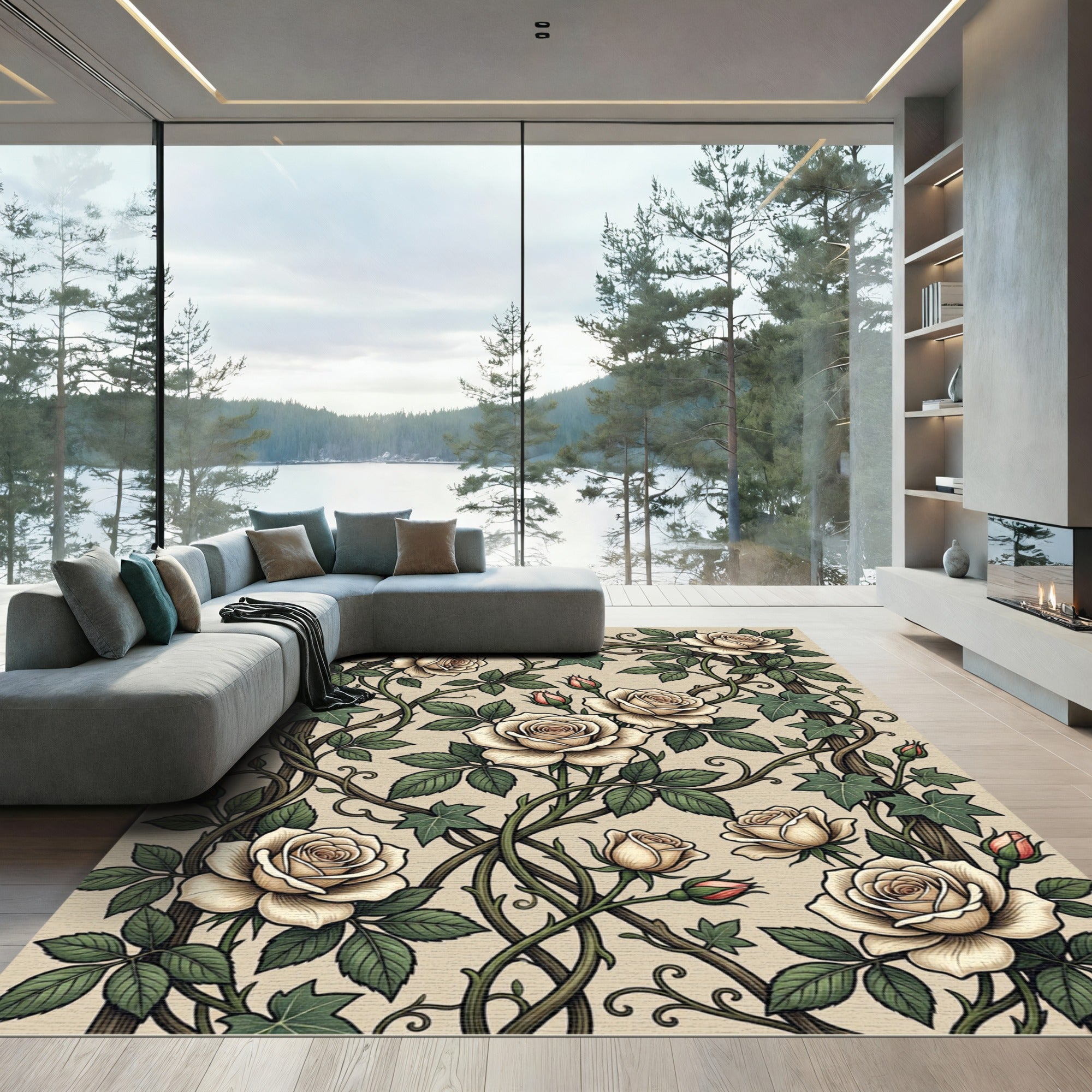 Cream Rose and Ivy Garden Vine Rug