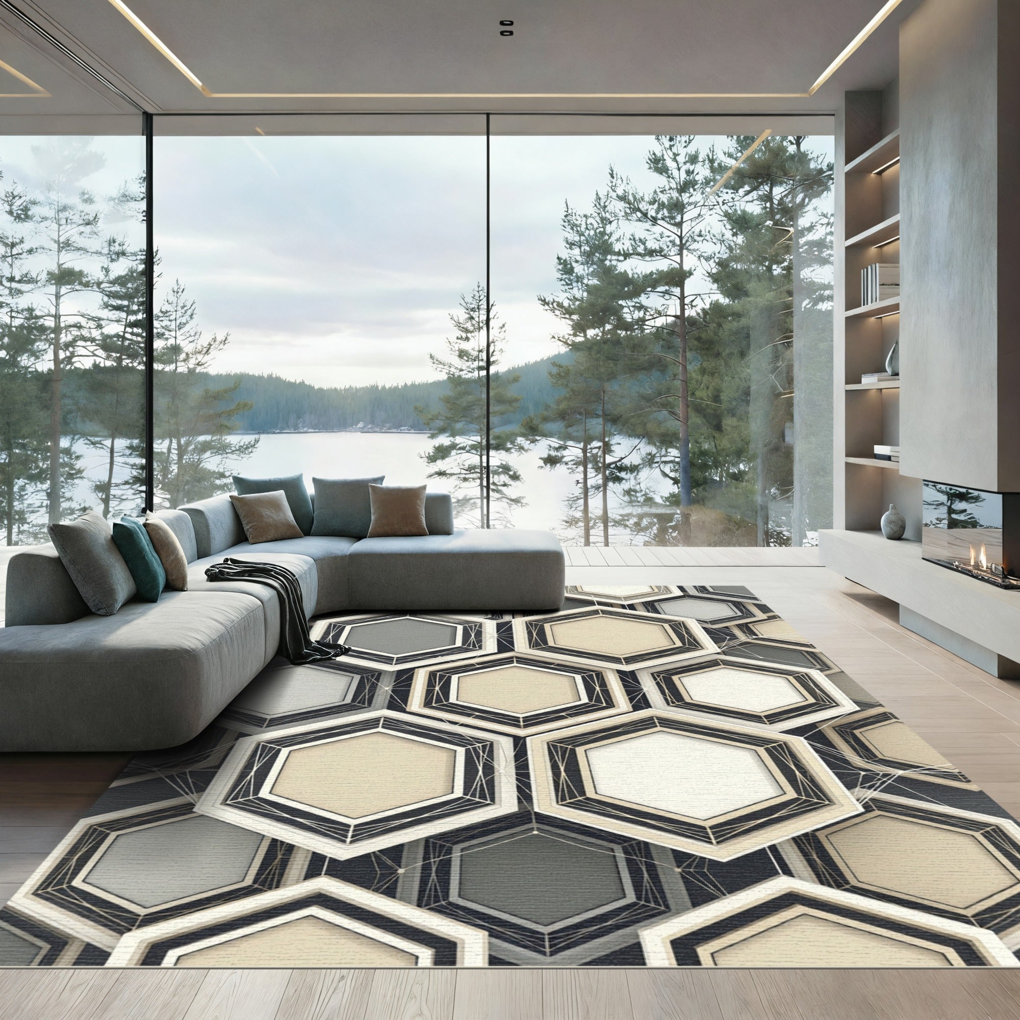 Sophisticated Monochrome Geometric Hexagon Abstract Rug