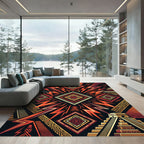 Geometric Crimson Gold Mayan Lightning Art Rug