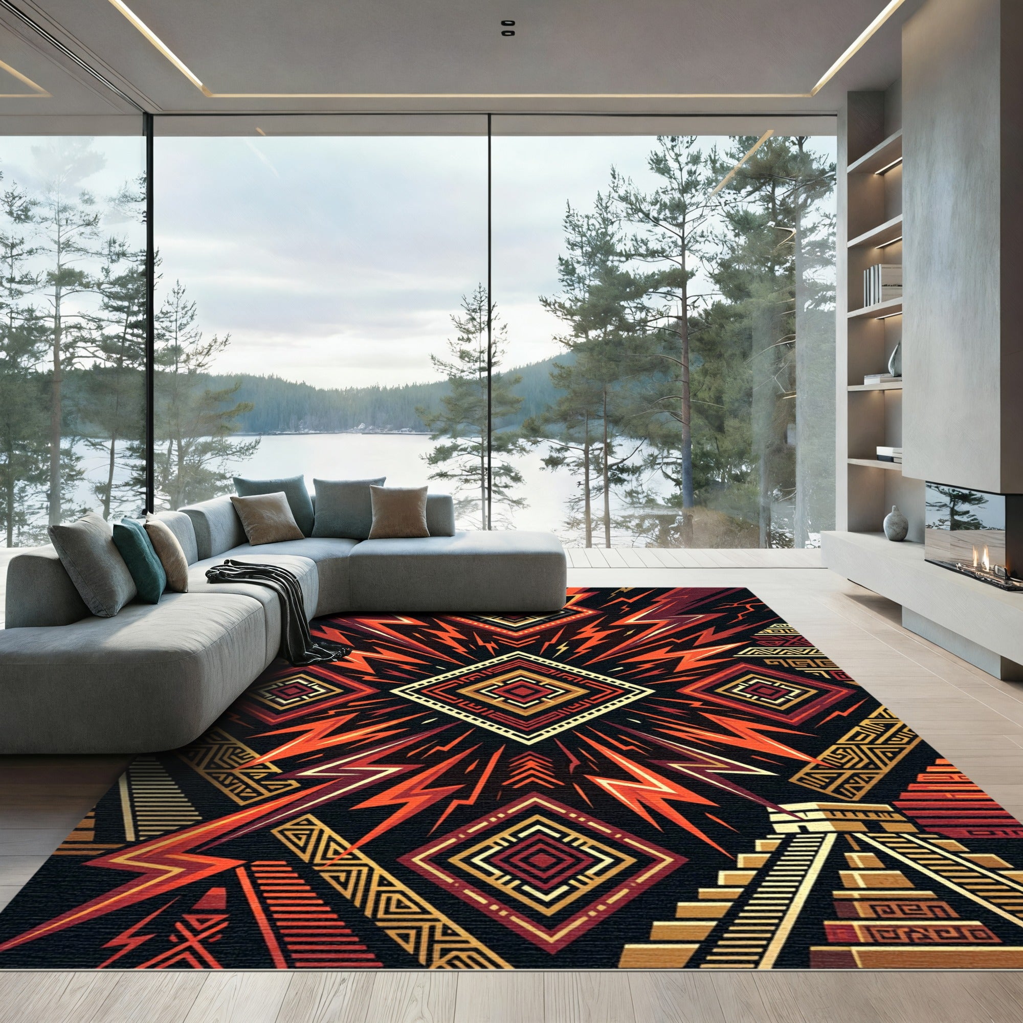 Geometric Crimson Gold Mayan Lightning Art Rug