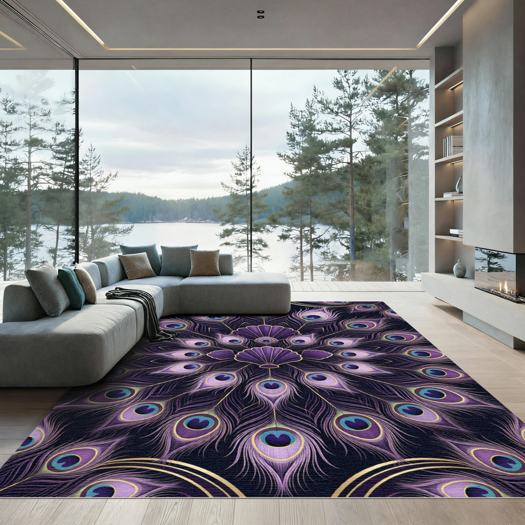 Elegant Purple Peacock Feather Mandala Rug
