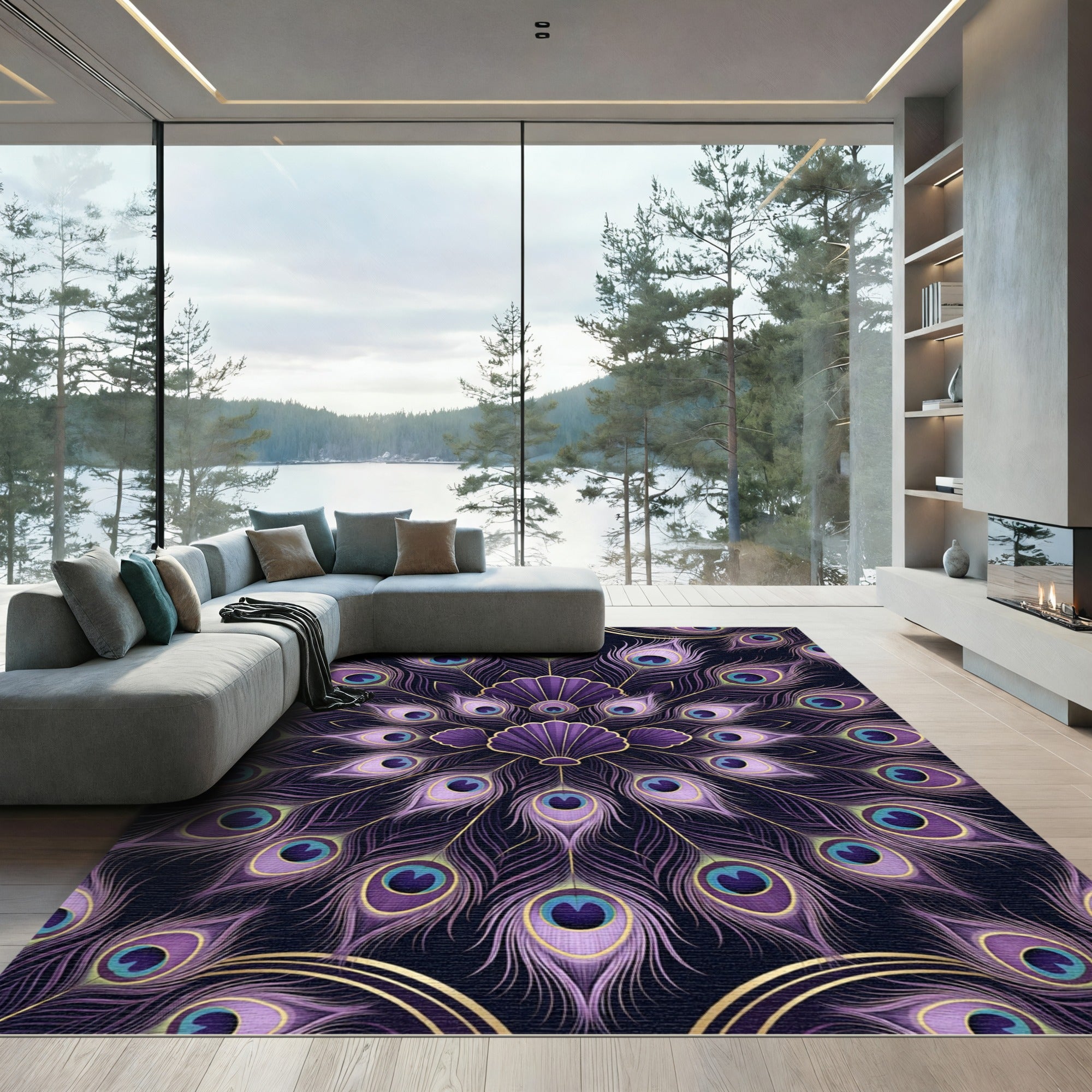 Elegant Purple Peacock Feather Mandala Rug