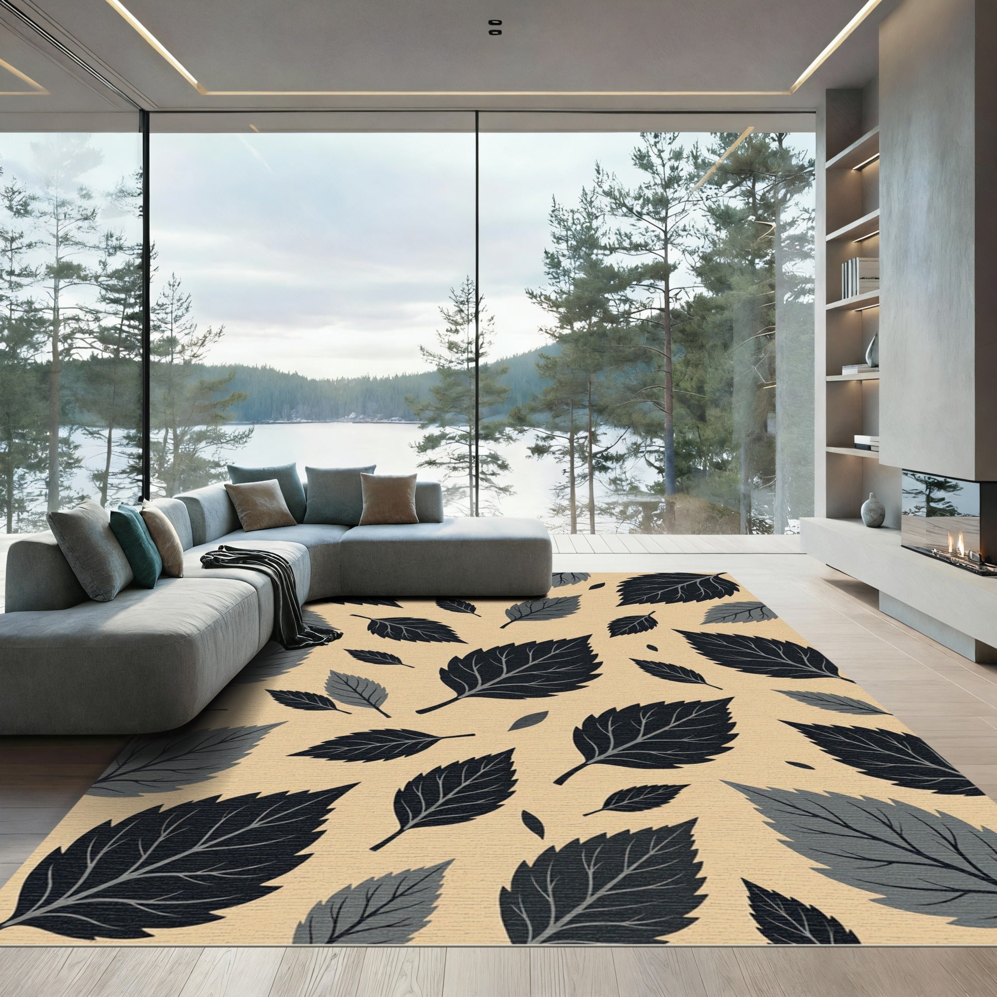 Contemporary Charcoal Leaf Scatter Rug