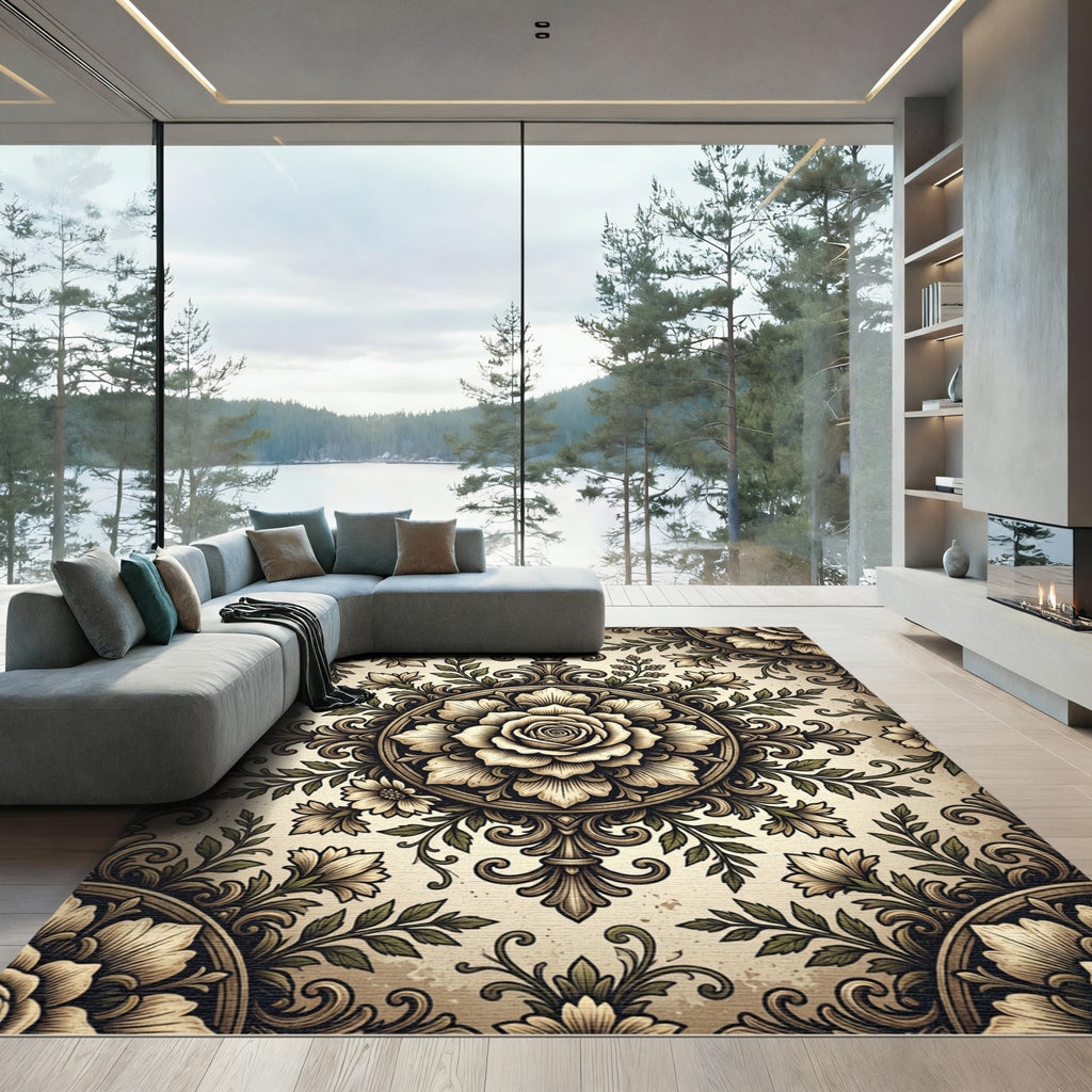 Elegant Beige Rose Floral Medallion Rug
