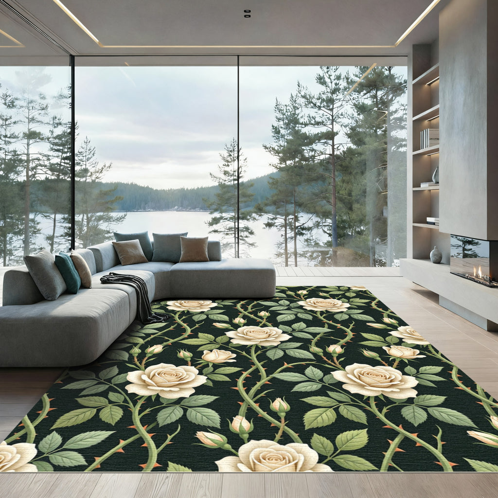 Elegant Cream Rose Trellis Dark Backdrop Rug