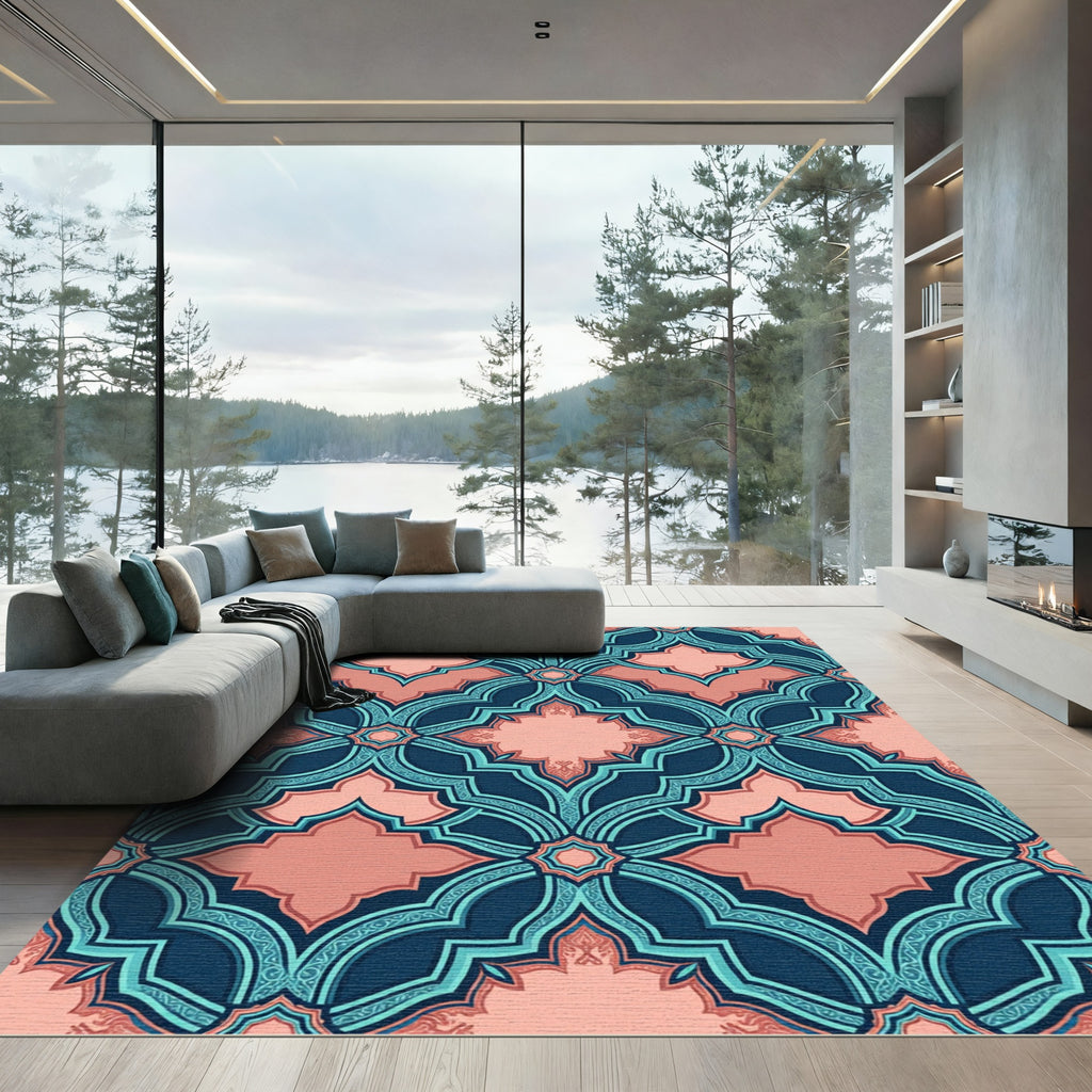 Navy Blue Peach Geometric Lattice Rug