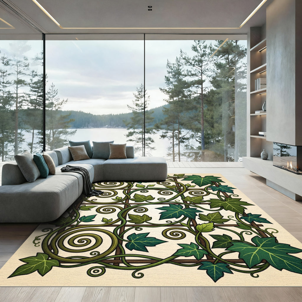 Lush Green Ivy Trellis Scroll Rug