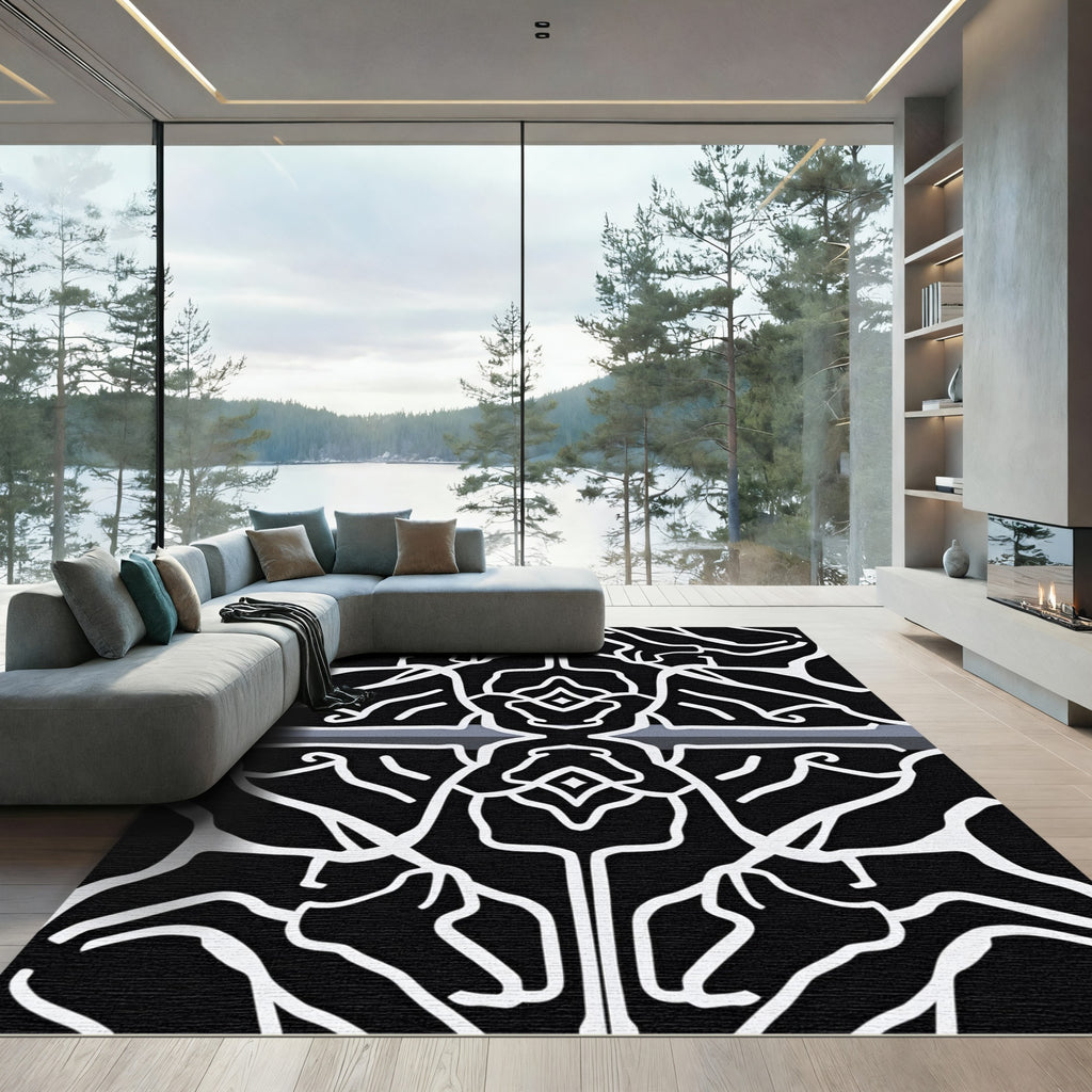 Black White Organic Branch Medallion Rug