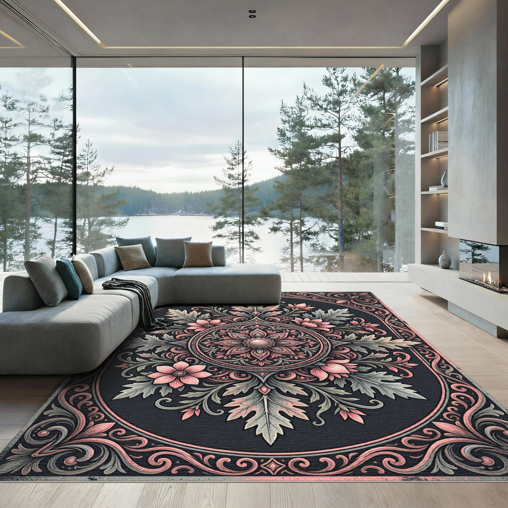 Ornate Pink Floral Medallion Dark Rug